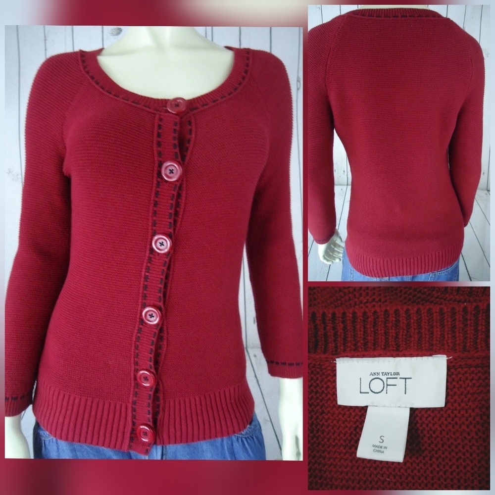 Ann Taylor Loft Sweater S Red Cotton Reverse Knit